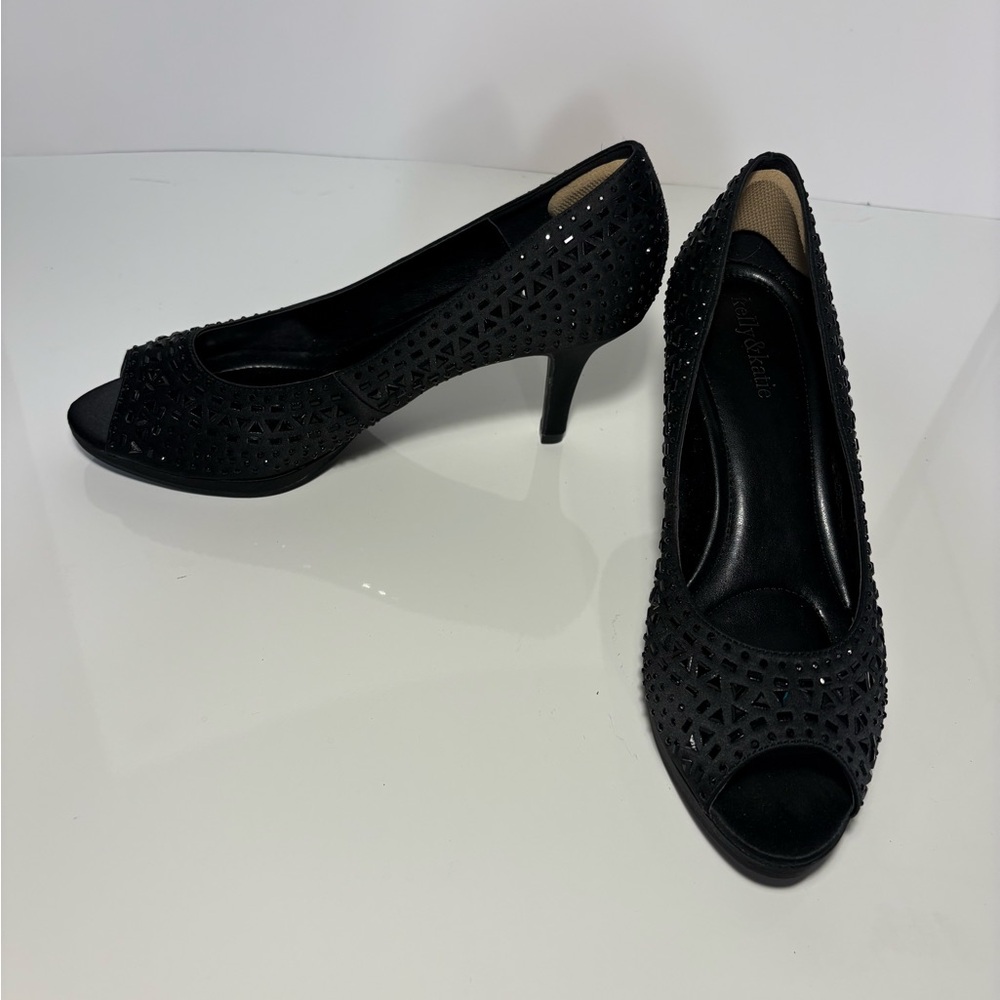 Kelly & Katie Black Rhinestone Peep-Toe Heels w/ Achilles pads, size 9 so clean